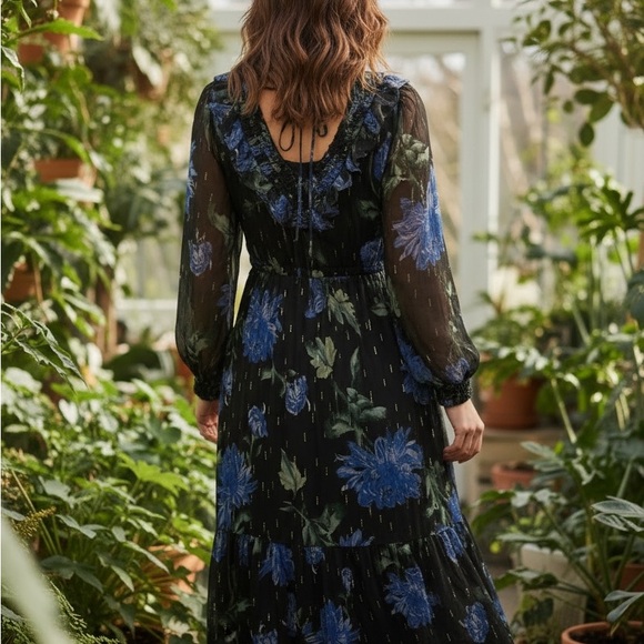 Anthropologie Black Dress with Blue Floral Print - Picture 2 of 6